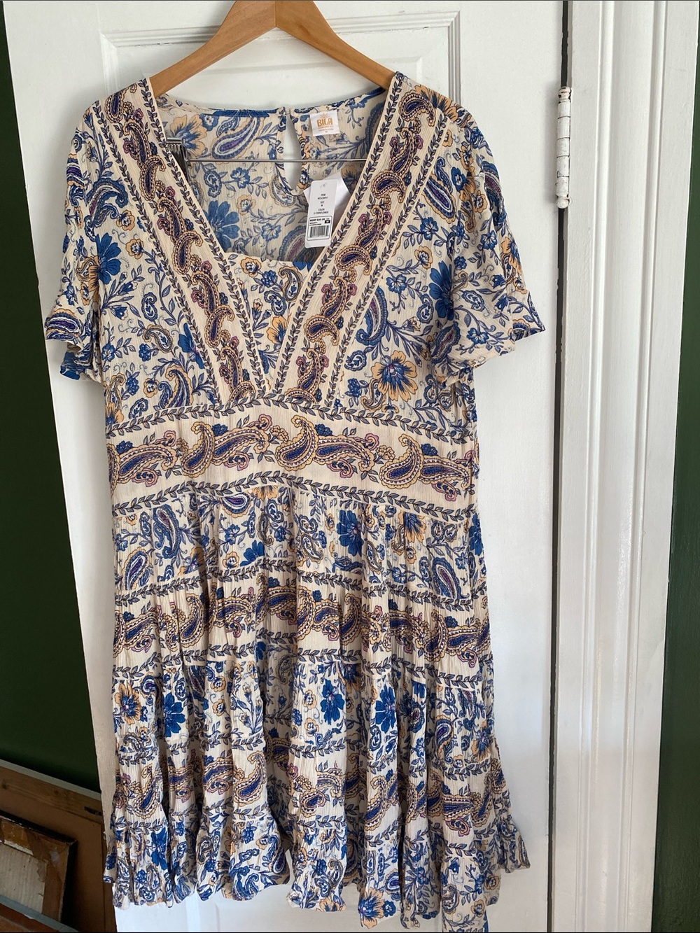 Women’s Bila  Floral Paisley V-Neck Summer Dress - Blue & Cream